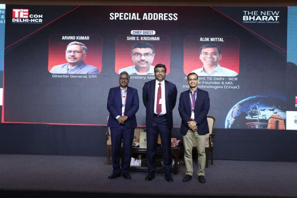 Photo Caption: Right to Left: Arvind Kumar, Director General, Software Technology Parks of India (STPI). S Krishnan, Secretary, MeitY. Alok Mittal - TiE Delhi-NCR, Co-founder and CEO of Indifi Technologies.