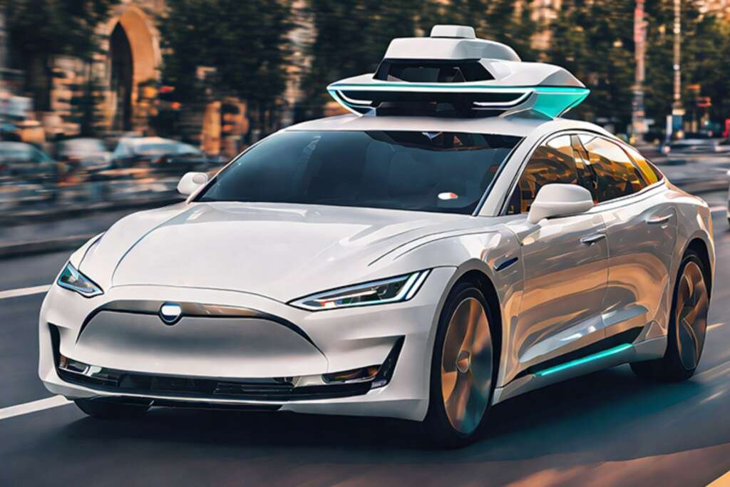 Autonomous vehicle cruises city streets, blending sleek design with cutting-edge, driverless technology.